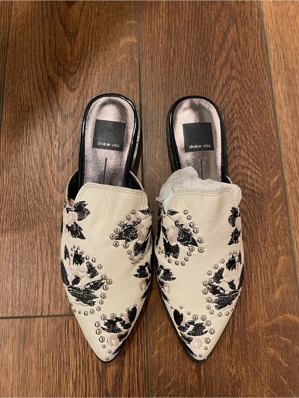 Dolce Vita Cream & Black Floral Studded Pointed Mules size 6 BRAND NEW - Picture 2 of 5